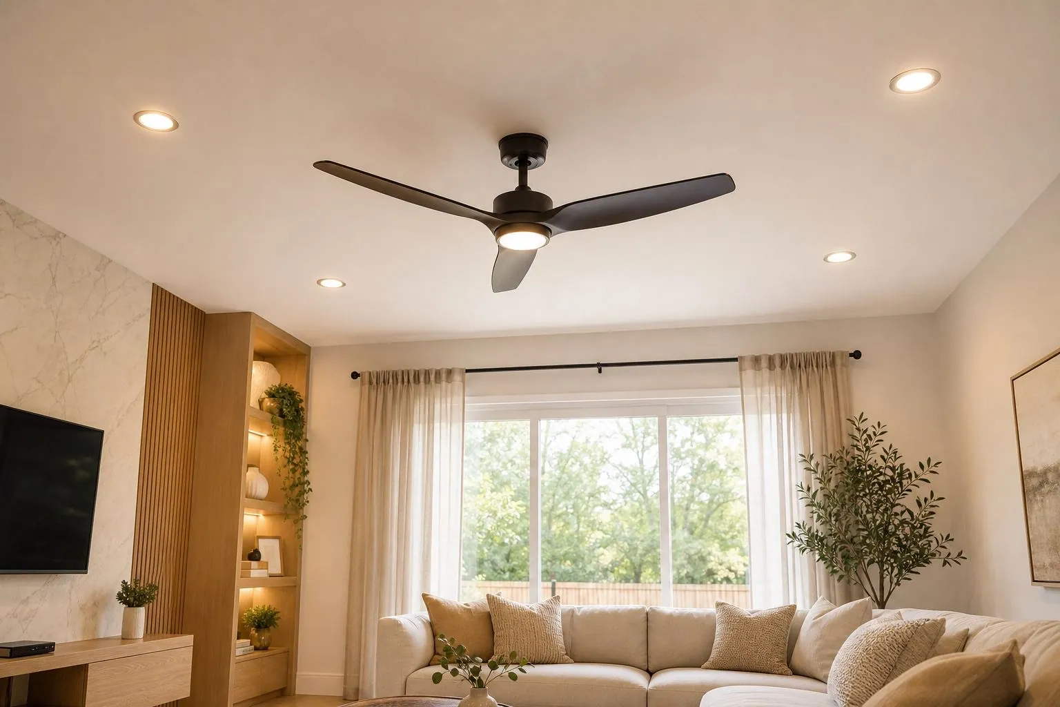 Ceiling fan centered between four recessed lights